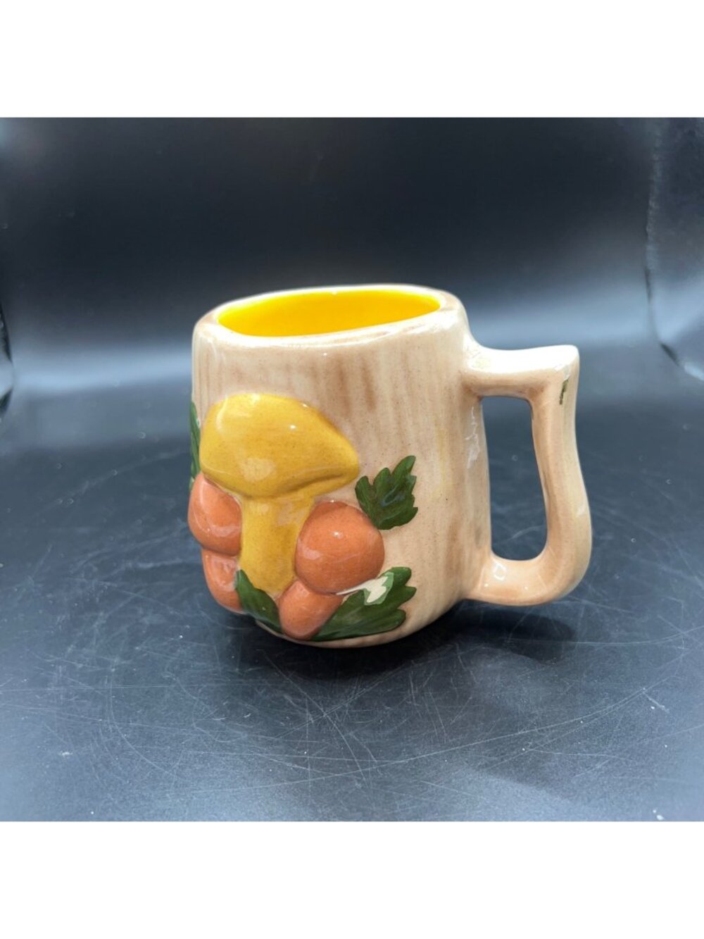 Mushroom-Themed Ceramic Mug With Yellow Interior Hand Painted Rustic Design 1974
